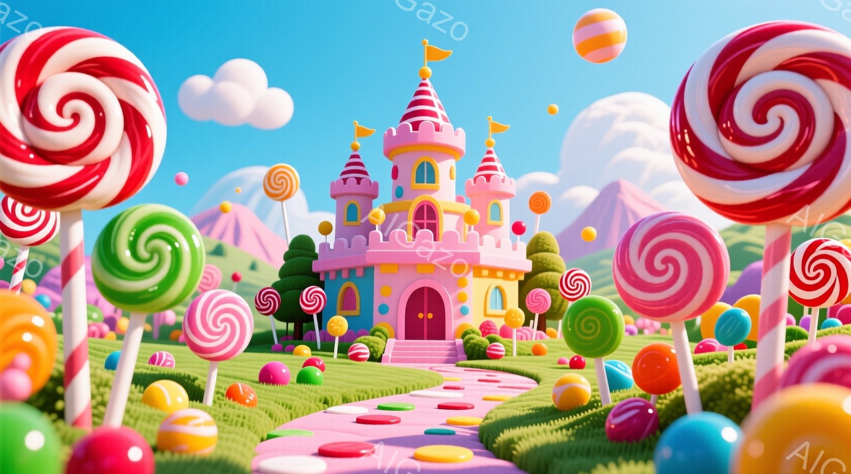 カラフルなキャンディで飾られたファンタジーの世界が広がっています。ピンク色の可愛らしいお城が中央に位置し、緑の芝生と様々な色のキャンディが並んだ道が城へと続いています。空は青く、白い雲が浮かび、全体的 - AI生成フリー素材