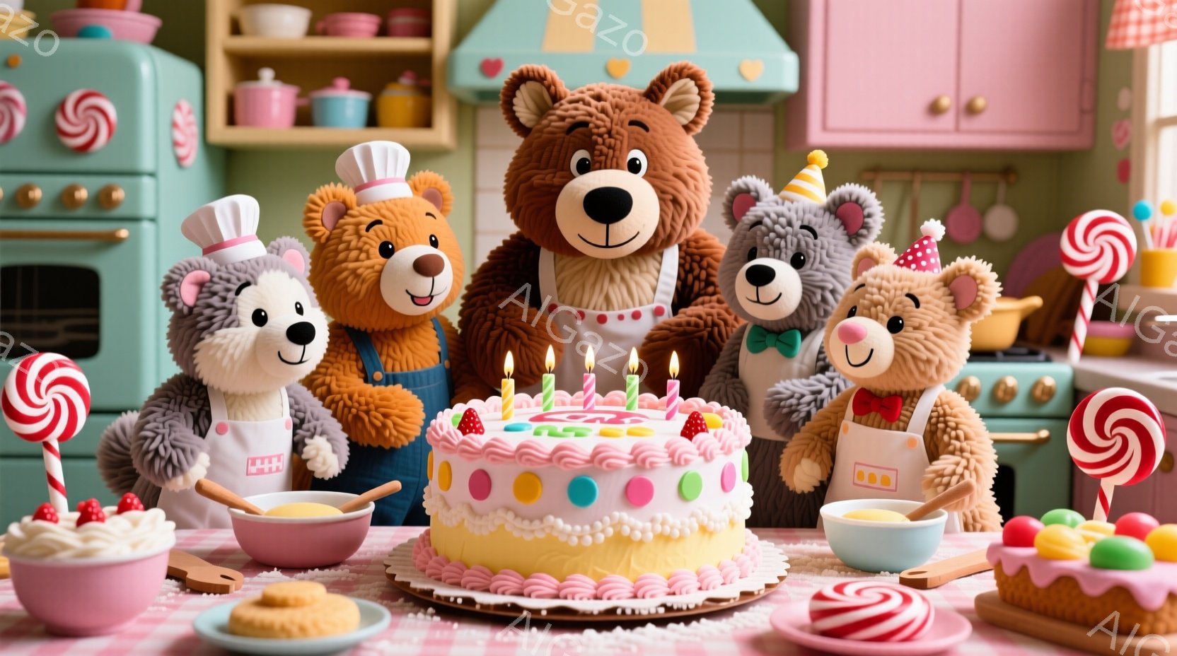 複数のクマのぬいぐるみがキッチンで誕生日ケーキを囲んでいます。彼らはそれぞれエプロンやシェフ帽を身につけ、楽しそうな表情をしています。背景にはカラフルなキャンディやキッチン用品が並び、お祝いの雰囲気が漂っています。
