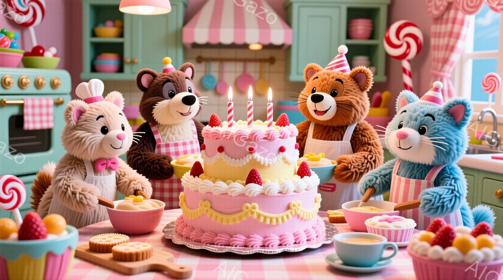 暖炉のある温かいキッチンで、4匹のテディベアが誕生日ケーキを囲んでいます。それぞれピンクのエプロンをつけ、頭にはお祝いの帽子をかぶっており、楽しそうな表情をしています。背景にはキャンディや焼き菓子が並べられ、全体的に明るく幸せな雰囲気が漂っています。