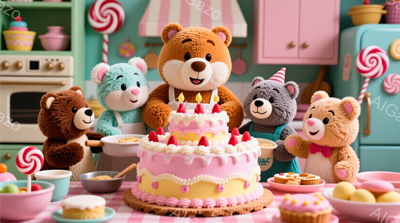複数のテディベアが、ピンク色のフロスティングとイチゴで飾られた大きなケーキの周りに集まっています。彼らはエプロンや帽子を身に着け、楽しそうな表情を浮かべており、背景には緑色の冷蔵庫やキャンディ、お菓子の盛り合わせが配置されています。全体的に、温かく、陽気な誕生日パーティーの雰囲気です。