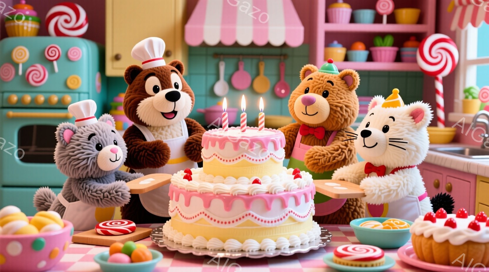 暖炉のあるピンク色のキッチンで、クマと猫のキャラクターが誕生日ケーキを囲んでいます。キャラクターたちは白いエプロンとコック帽を身につけ、楽しそうな表情でケーキを見つめています。背景にはキャンディや焼き菓子が並び、全体的に明るく可愛らしい雰囲気です。