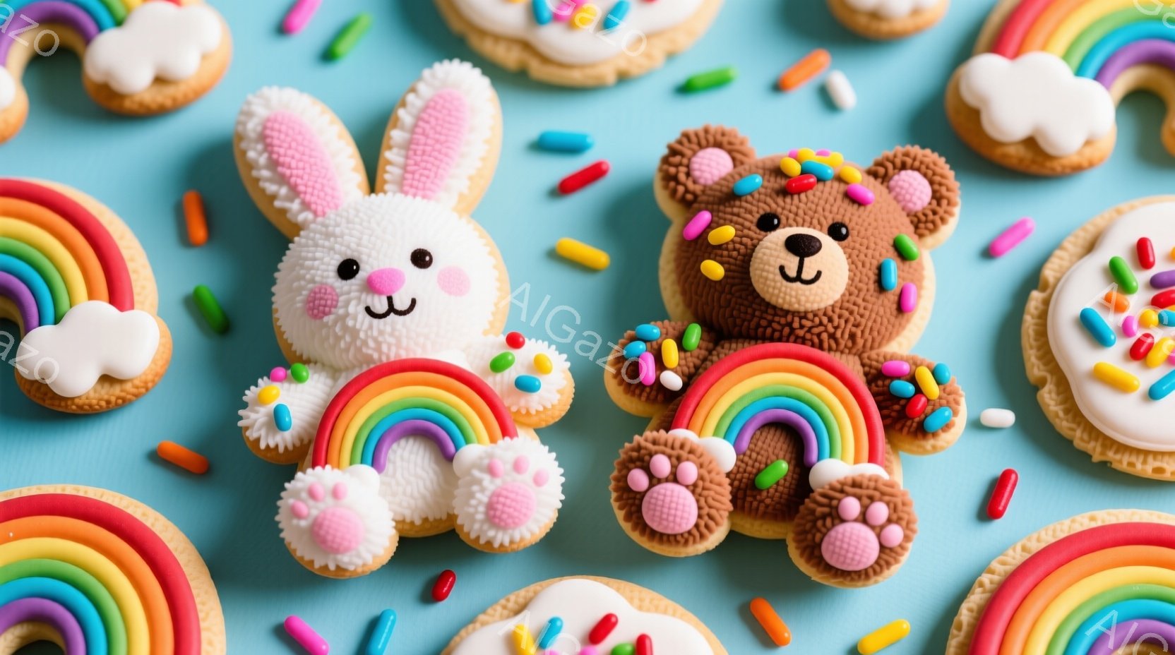 明るい水色の背景に、カラフルなアイシングで飾られたクッキーが散りばめられています。ウサギとクマの形をしたクッキーが中央に配置され、それぞれ虹のアーチを背景にしています。クッキーはすべて笑顔で、全体的に遊び心があり、お祝いのような雰囲気です。