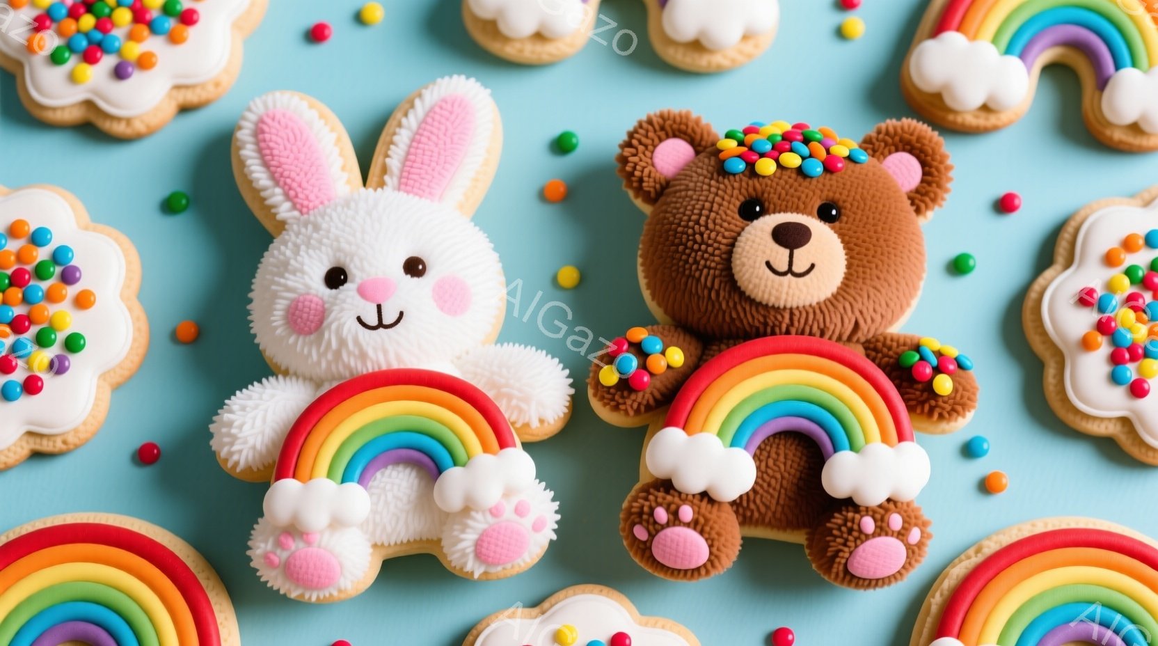 虹の上に座る可愛らしいクマとウサギのクッキーが写っています。背景は水色のキャンバスで、カラフルなスプリンクルと様々な形の虹のクッキーが散りばめられています。全体的にパステルカラーで、お祝いや楽しい雰囲気が漂っています。