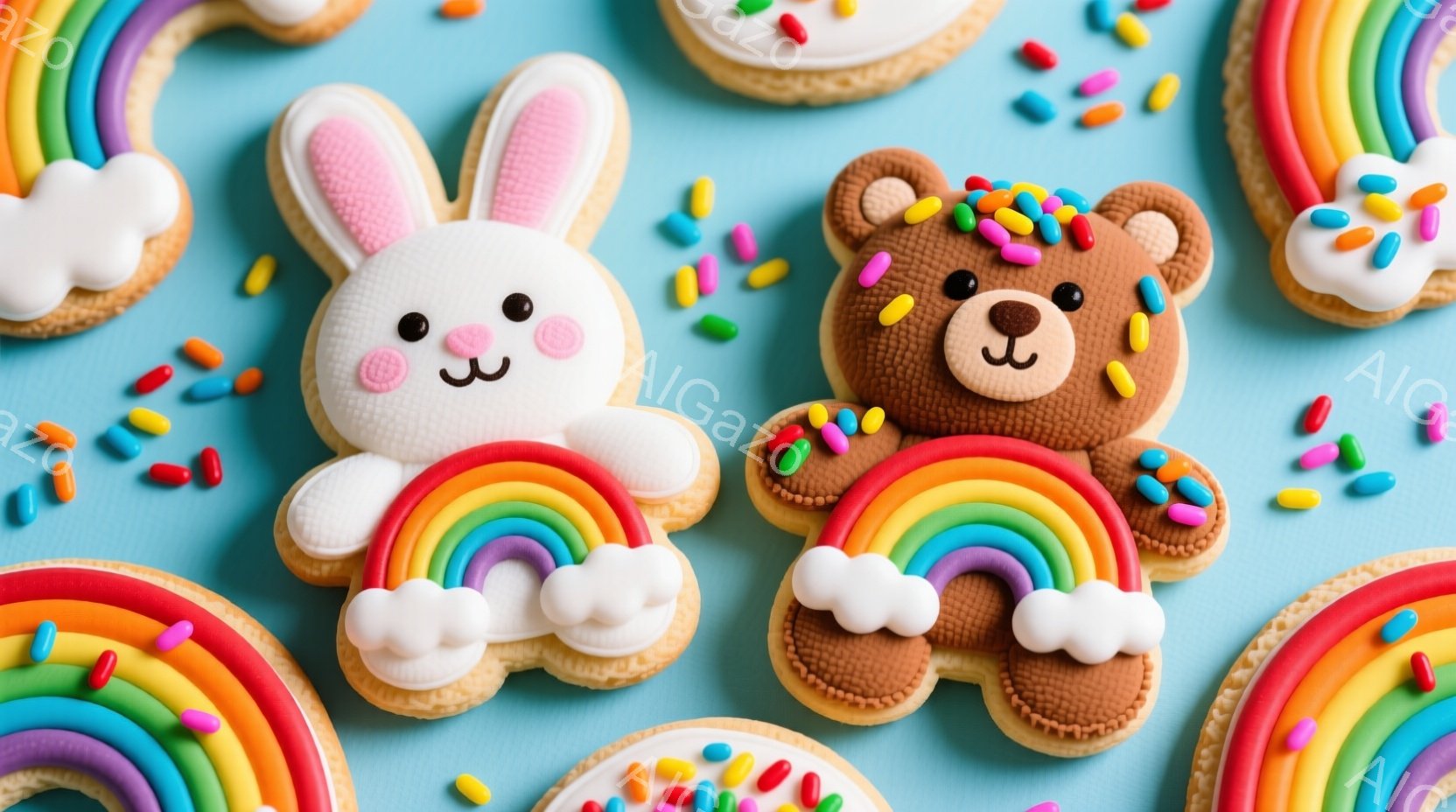 明るい水色の背景に、虹を背景にした可愛らしいクッキーが並んでいます。ウサギとクマのクッキーはそれぞれ微笑んでおり、雲のデコレーションが施された虹の下に立っています。カラフルなスプリンクルがクッキーの周 - AI生成フリー素材