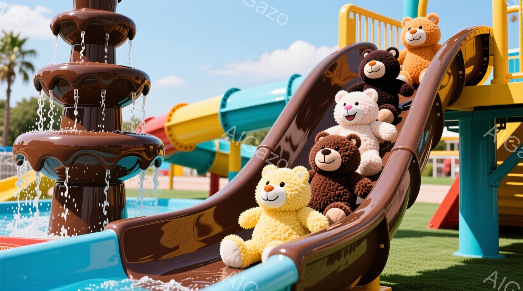カラフルなウォータースライダーで、ふわふわのテディベアたちが楽しそうに滑り降りています。背景には水が噴き出す装飾的な噴水、緑の芝生、そして明るい青空が広がっており、夏らしい陽気な雰囲気が漂っています。テディベアたちはそれぞれ異なる毛色を持ち、笑顔で滑り降りる姿はとても愛らしいです。