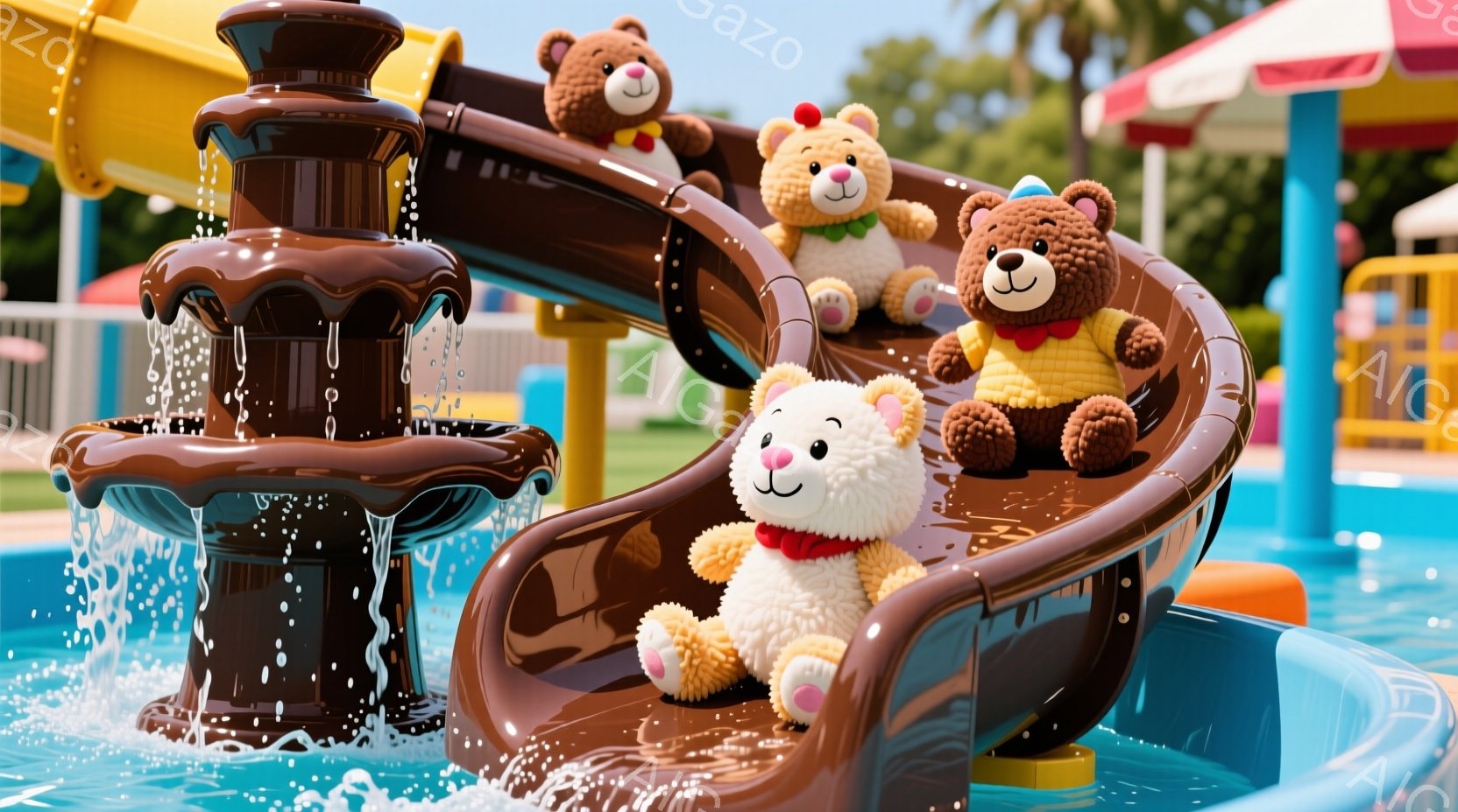 水遊び場を滑り降りる3匹のテディベアが写っています。一番下のクマは白い毛並みで、赤いシャツを着ており、満面の笑みを浮かべています。背景には、水が流れるカラフルな遊具と青い空が広がり、明るく楽しい雰囲気が漂っています。