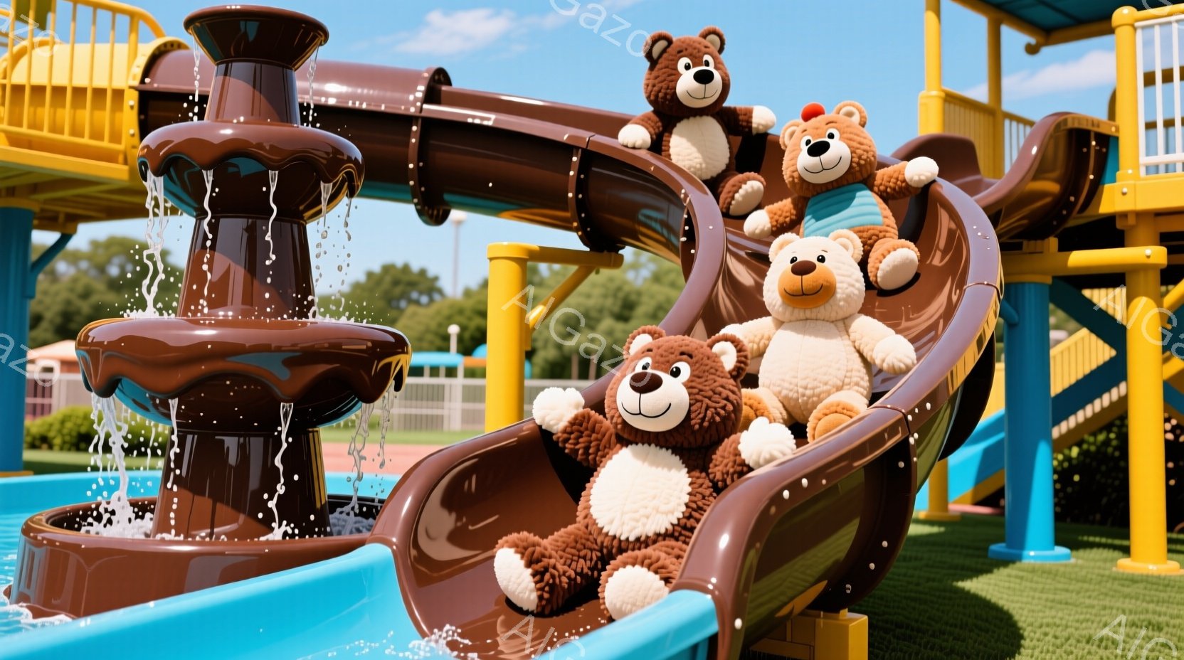 複数のテディベアが水遊び場にあるスライドを滑り降りて楽しんでいます。明るい青と茶色のスライドと、水が流れるチョコレート色の噴水が特徴的で、背景には緑の芝生と遊具、そして晴れた空が広がっています。全体的に、可愛らしく、陽気で、夏らしい雰囲気が漂っています。