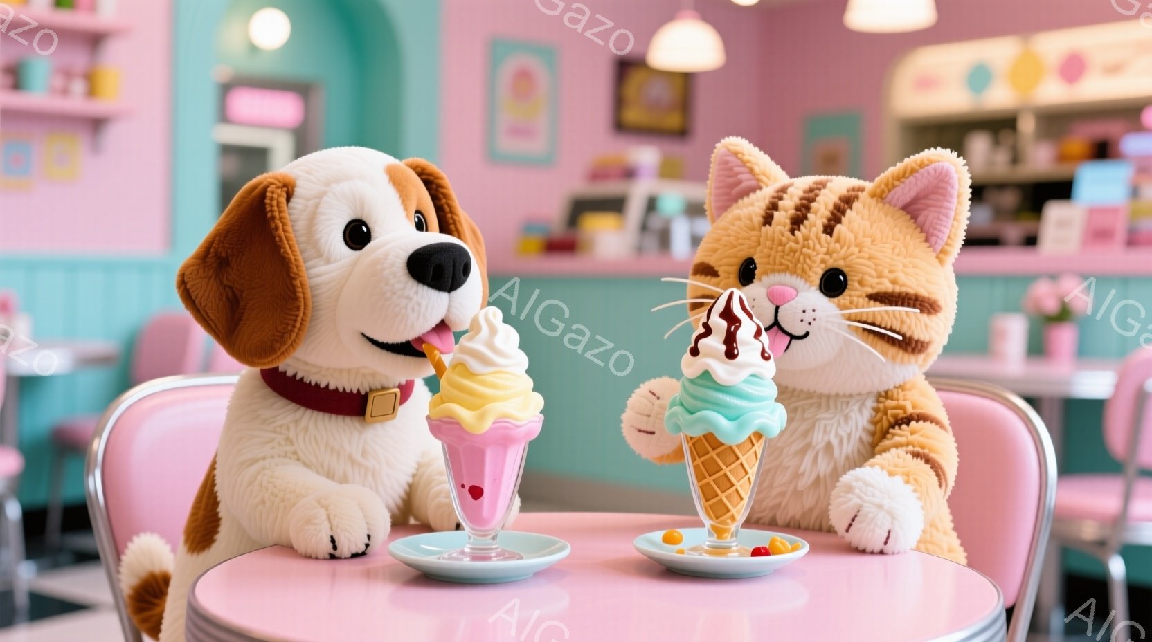 ふわふわの犬と猫が、ピンク色のテーブルに座ってアイスクリームを楽しんでいます。犬は赤い首輪をつけていて、嬉しそうにアイスクリームグラスを覗き込んでいます。背景はパステルカラーのカフェで、レトロで可愛ら - AI生成フリー素材