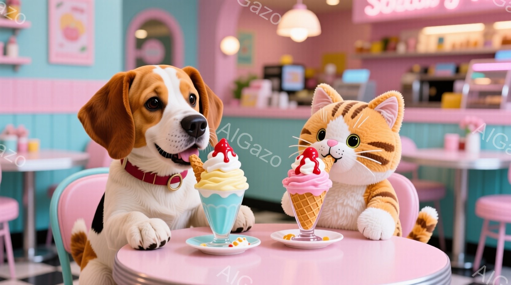 ピンクのテーブルに座ったビーグル犬と子猫がアイスクリームを楽しんでいる様子が写っています。ビーグル犬は赤い首輪をつけ、舌を伸ばしてアイスクリームを味わい、子猫はクリーム色の毛並みにピンクのリボンをつけ、同じようにアイスクリームを食べています。背景は、パステルカラーのカラフルな内装のダイナーで、全体的に明るく可愛らしい雰囲気です。