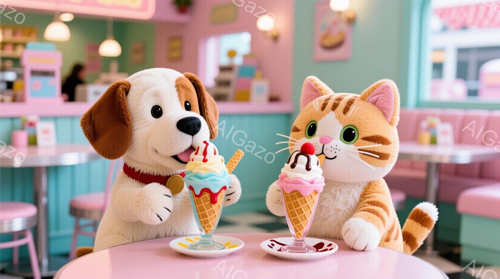 可愛らしい犬と猫が、ピンク色のテーブルに座り、それぞれアイスクリームのサンデーを楽しんでいます。犬は茶色と白の毛並みで赤い首輪を付けており、満面の笑みを浮かべてサンデーを手にしています。背景はレトロなアメリカンダイナーで、ピンクと水色のカラフルな内装が特徴的です。