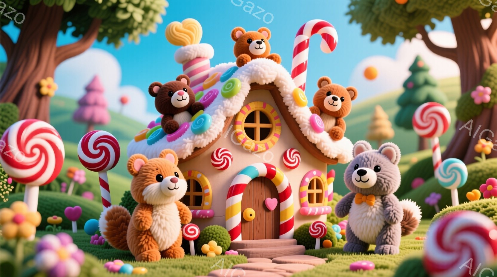キャンディで飾られた可愛らしい家と、その周りにいるテディベアたちが描かれています。テディベアたちはそれぞれ異なる色の毛並みで、楽しそうな表情をしています。背景には緑の丘、カラフルなキャンディ、そして晴れた空が広がり、夢のような甘い雰囲気を醸し出しています。