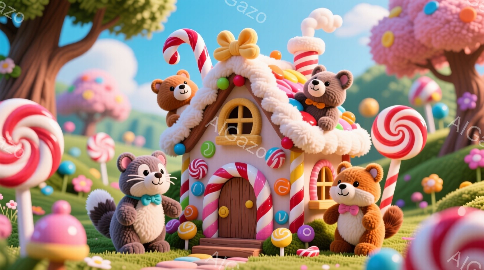 可愛らしいクマのぬいぐるみが、キャンディで飾られた家と草原の中にいます。灰色のクマは蝶ネクタイをつけており、茶色のクマはピンクのリボンをつけて、それぞれポーズをとっています。背景には、巨大なキャンディ - AI生成フリー素材