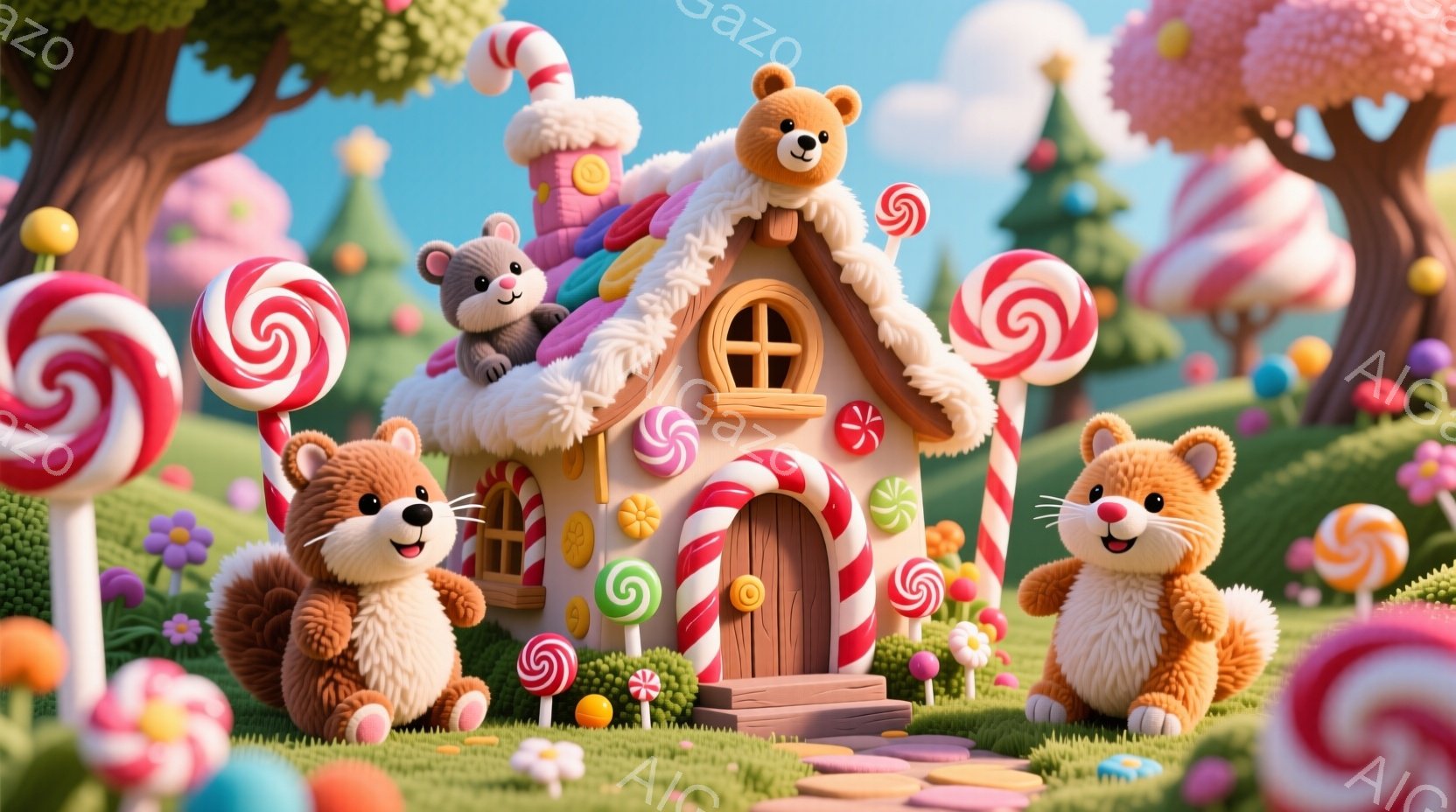 明るい緑の芝生の上に、お菓子の家が建っています。かわいらしいクマのキャラクターたちが家を取り囲み、正面には座っているクマ、屋根の上には別のクマがいます。背景にはキャンディのような木々や花々が咲き乱れ、まるで夢のようなお菓子の国のような、楽しくてカラフルな雰囲気が漂っています。