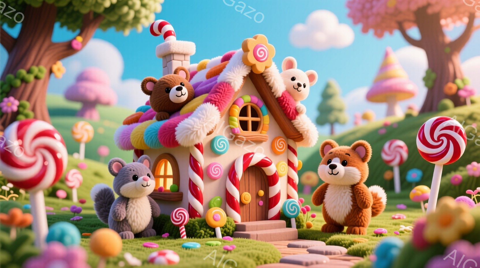 カラフルなキャンディランドのような風景が描かれています。可愛らしいクマのぬいぐるみが、キャンディで飾られた家に寄り添い、楽しそうに立っています。背景には、キャンディやキノコのような形をした建物が点在し、まるで夢のような世界が広がっています。