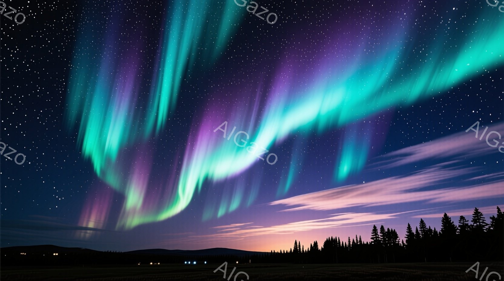 夜空には緑と紫色のオーロラが壮大に広がっており、まるで天から降り注ぐカーテンのようだ。地平線には暗いシルエットの針葉樹林と遠くに見える丘陵が広がり、静寂な夜の風景を作り出している。全体的に幻想的で神秘的な雰囲気が漂い、見る者を魅了する。