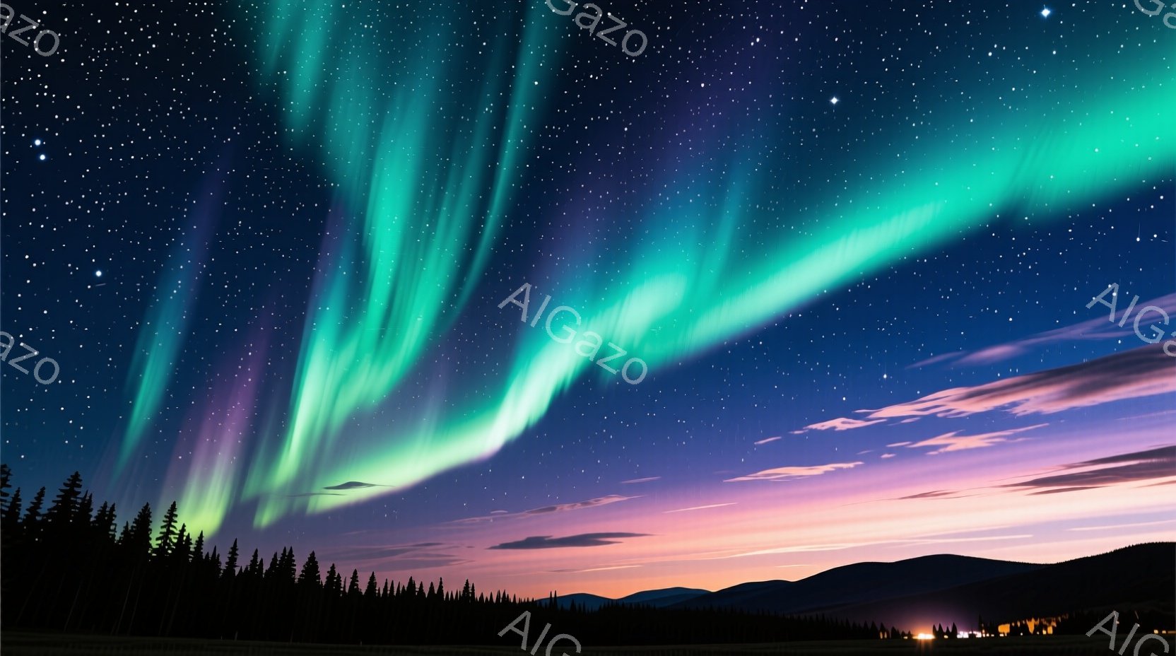 漆黒の木々が地平線を縁取り、その上には紫とピンクのグラデーションが広がる空が描かれている。空には、緑色のオーロラが壮大に舞い上がり、星々が輝いている。全体的に、神秘的で息を呑むような、自然の美しさを捉 - AI生成フリー素材