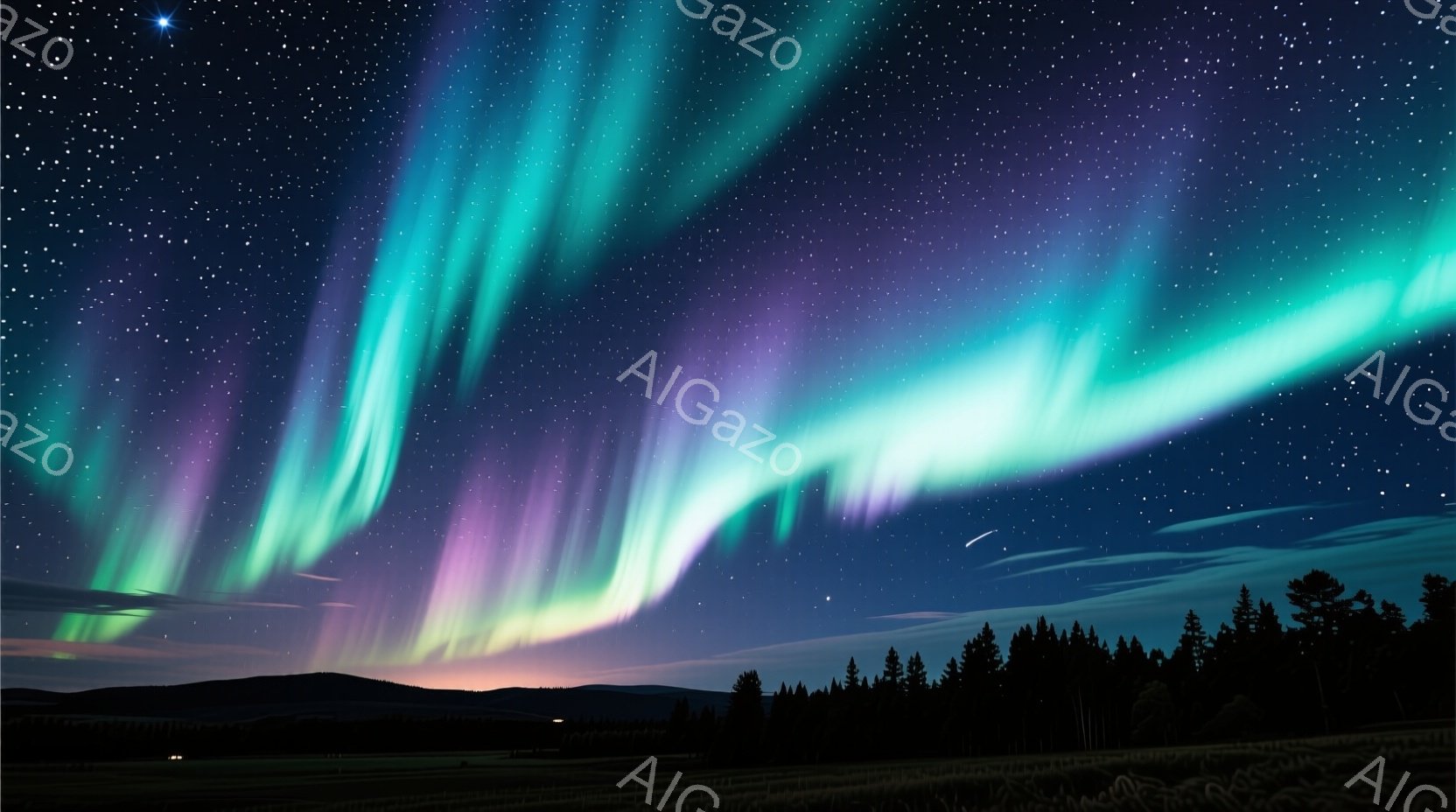 広大な自然を背景に、オーロラが空を彩る夜の風景だ。緑、ピンク、紫色の帯がうねるように広がり、暗い空に幻想的な光を投げかけている。地平線には針葉樹の森が広がり、その手前には緑の草原が広がり、静寂と神秘的な雰囲気を醸し出している。
