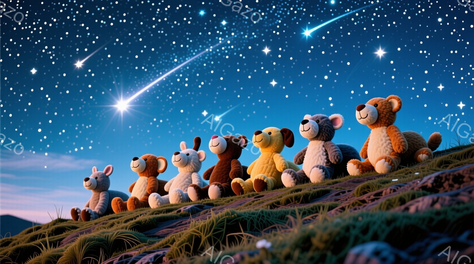 丘の上に様々な種類のぬいぐるみたちが一列に座っており、夜空を見上げています。背景には無数の星が輝き、流れ星が夜空を横切る様子が描かれており、幻想的な雰囲気を醸し出しています。草の丘と星空のコントラストが、温かく穏やかな印象を与えます。