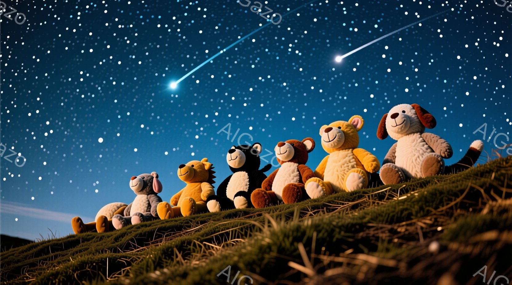 丘の上には、様々な種類のぬいぐるみたちが横一列に座っており、それぞれ異なる表情を浮かべている。夜空には無数の星が輝き、流れ星が一つ、彼らの頭上を横切っている。緑豊かな草の丘と、星空が織りなす幻想的な雰囲気が特徴的である。