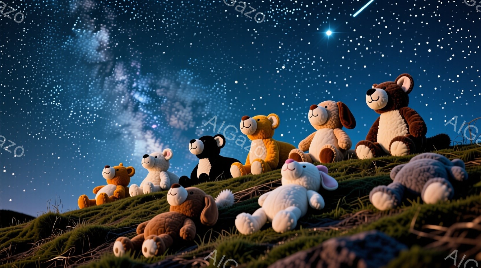 夜空の下、緑の丘に様々な色のテディベアやぬいぐるみたちが座り、または横たわって並んでいます。彼らは皆微笑んでおり、星空を見上げているかのように見えます。背景は暗い夜空で、天の川や流れ星が輝き、穏やかで夢幻的な雰囲気を醸し出しています。