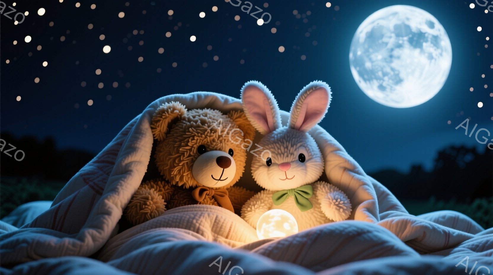 ふわふわの毛布に包まれたテディベアとウサギのぬいぐるみは、温かい光を放つ小さなランプの横に寄り添っています。二匹は穏やかな表情で、静かで心地よい夜を楽しんでいるようです。背景には暗い緑の草地が広がり、満月と星空が夜の空を照らしています。