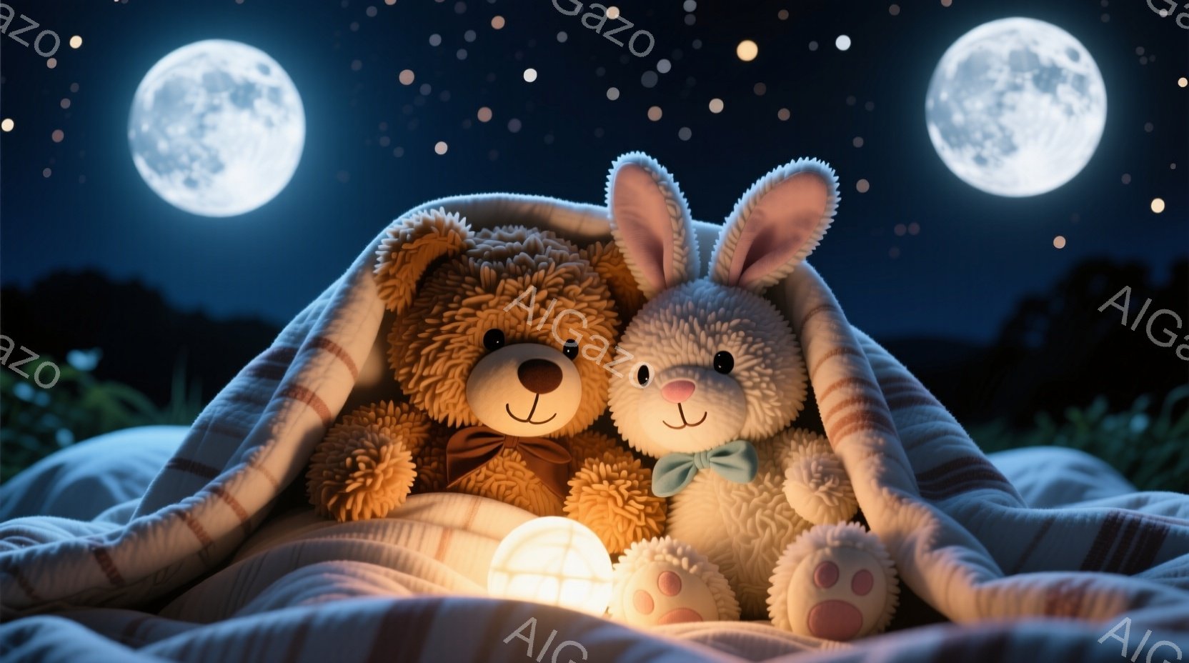 ふわふわの茶色のクマのぬいぐるみと、白いウサギのぬいぐるみが、縞模様の毛布に包まれて寄り添っています。二つのぬいぐるみはリボンをつけており、穏やかな表情を浮かべています。背景は暗い夜空で、満月と星が輝 - AI生成フリー素材
