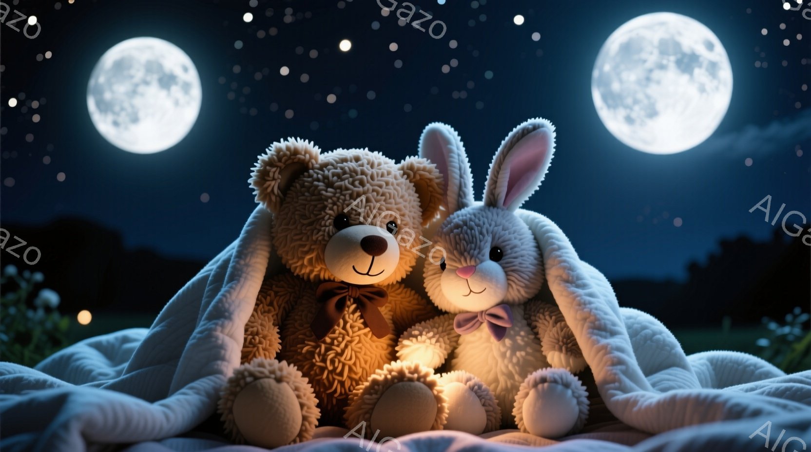 ぬいぐるみであるクマとウサギが寄り添って毛布に包まれています。クマは茶色で赤いリボン、ウサギは白く紫のリボンをつけており、どちらも優しい表情をしています。夜空には満月が輝き、星が散りばめられており、全 - AI生成フリー素材