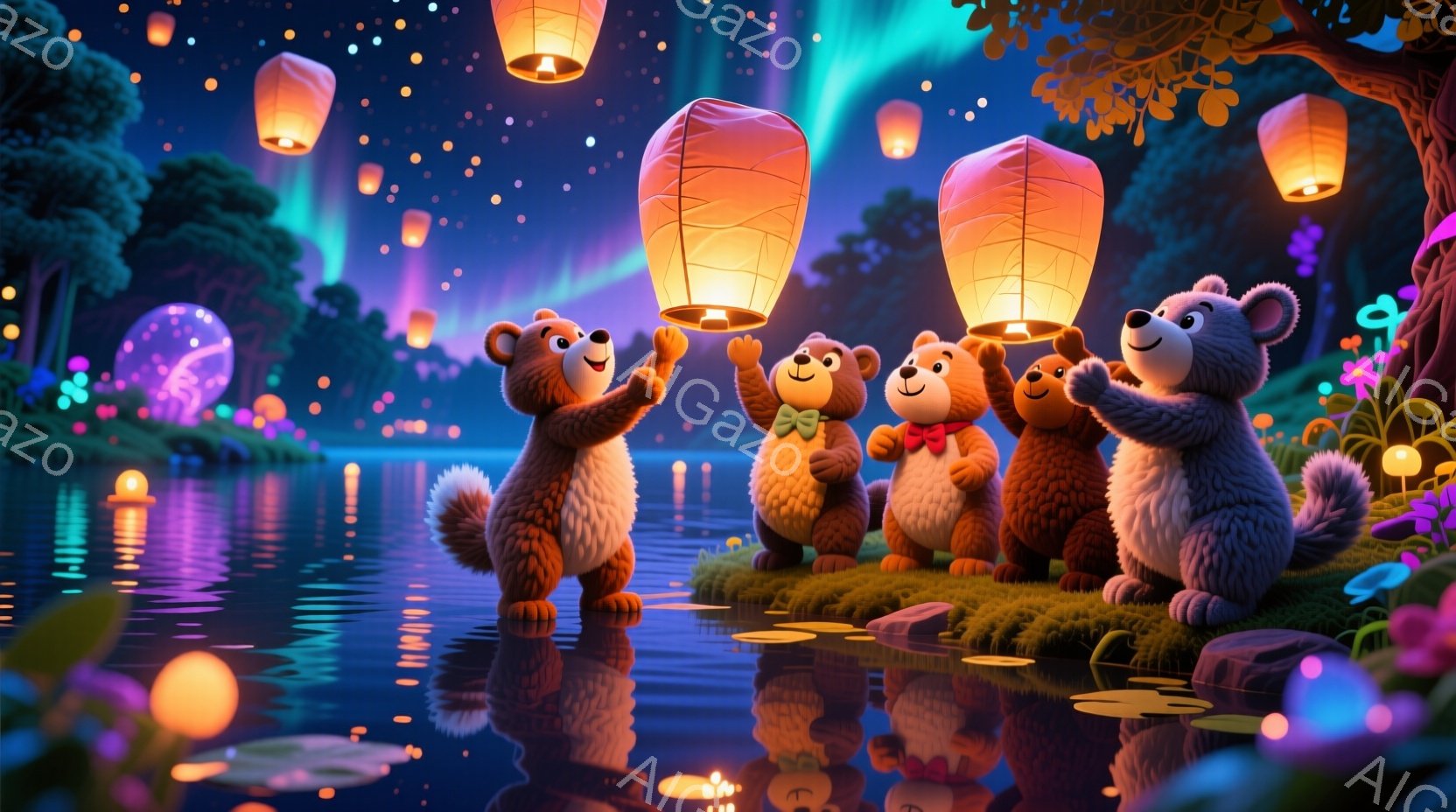 小さなクマたちが、夜の川辺で光る提灯を手に楽しんでいます。彼らはそれぞれ異なる色の蝶ネクタイを身に着け、笑顔で提灯を見上げています。背景には、色とりどりの花々が咲き乱れ、水面に提灯の光が反射し、幻想的 - AI生成フリー素材
