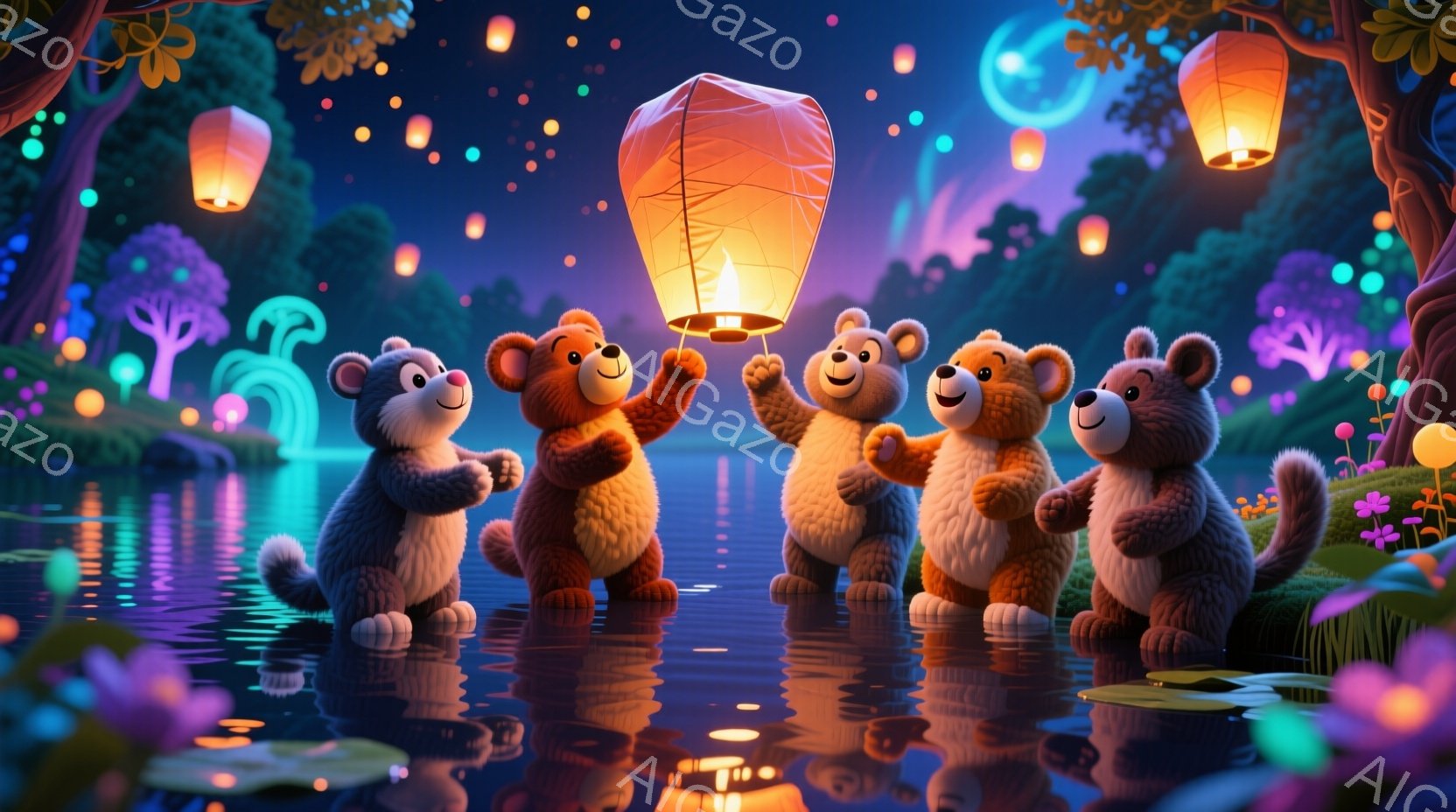 湖のほとりで、かわいらしいクマの子供たちが集まって、空に浮かぶ提灯を見上げています。クマたちは皆、明るい笑顔を浮かべ、片手を上げて提灯に興味津々です。背景には、幻想的な光を放つ木々や花々が咲き乱れ、穏やかな水面に提灯の光が反射し、夢のような雰囲気を醸し出しています。