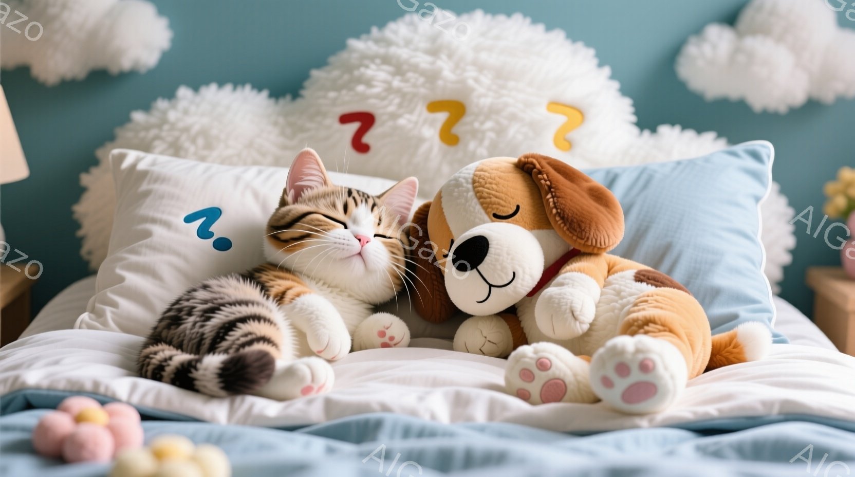 縞模様の猫がふわふわのベッドの上で丸まって眠っており、隣には茶色い犬のぬいぐるみがあります。ベッドは白いシーツと青い枕で覆われ、背景には白いふわふわした雲のようなものが浮かんでいます。全体的に暖かく、 - AI生成フリー素材