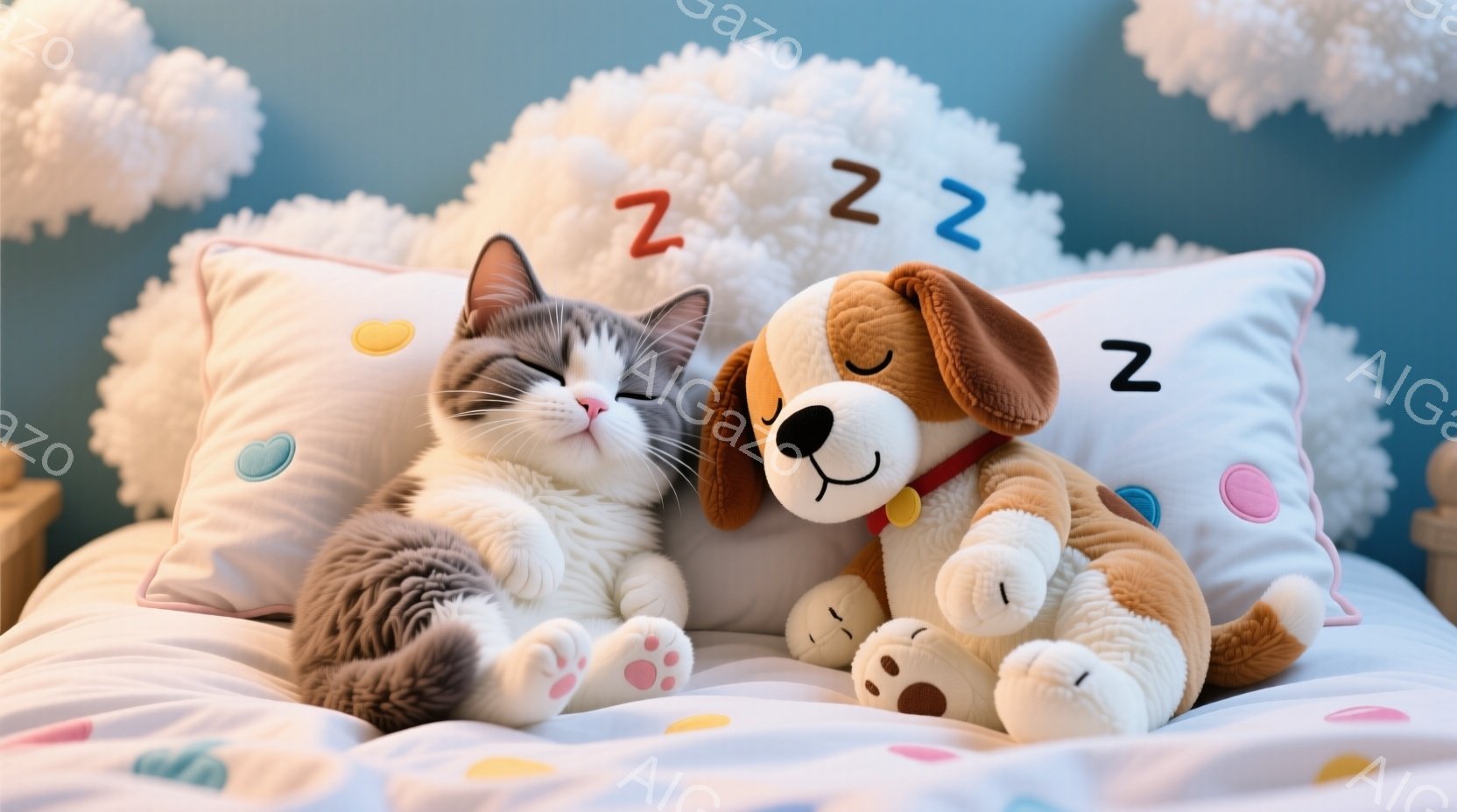白とグレーの毛並みを持つ猫が、ピンク色の枕の上に横たわり、リラックスした表情で目を閉じています。隣には、茶色と白の毛並みを持つ犬のぬいぐるみがあり、同じようにリラックスした様子で寄り添っています。背景は淡い水色で、ふわふわとした雲の装飾が施されており、全体的に穏やかで温かい雰囲気を醸し出しています。