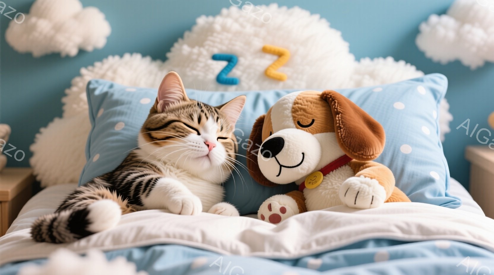 白と茶色の縞模様の猫が青いドット柄の枕に寄り添って眠っており、その隣には茶色のぬいぐるみ犬がいます。背景にはふわふわの白い雲の装飾があり、全体的に穏やかで温かい雰囲気が漂っています。ベッドシーツは白く、部屋は明るく、安らぎに満ちた空間を表現しています。