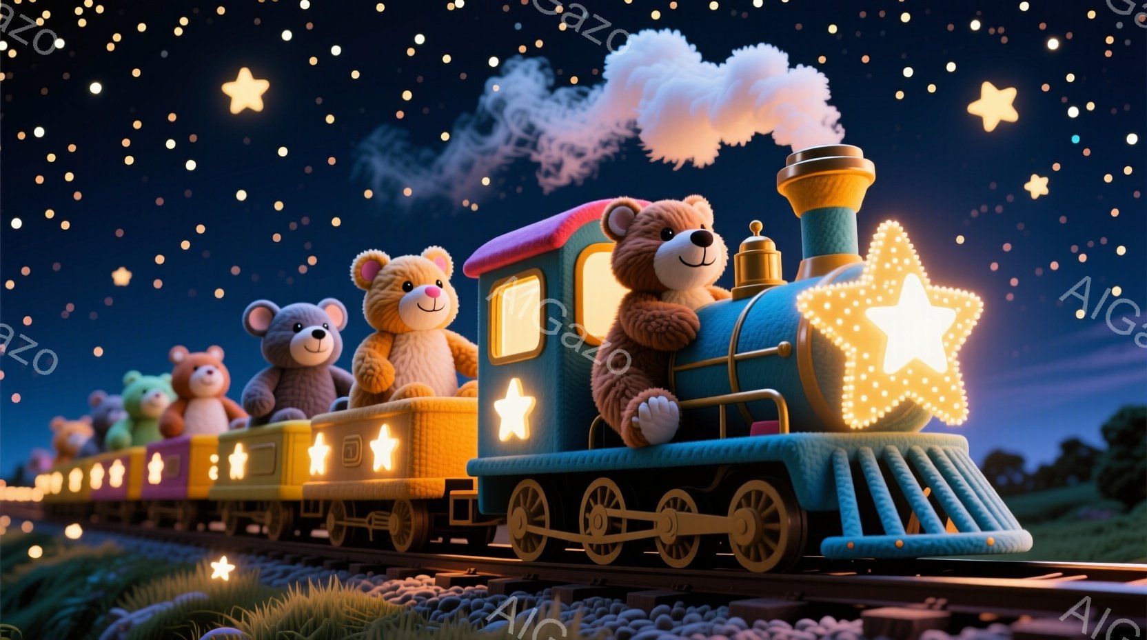 夜空を背景に、星が輝く線路を走る可愛らしいテディベアの列車が描かれています。青と黄色の列車は星の飾りで彩られ、各テディベアはそれぞれ異なる表情で、楽しげな旅を楽しんでいる様子です。背景は緑の草原で、全体的に夢見がちな、温かい雰囲気が漂っています。