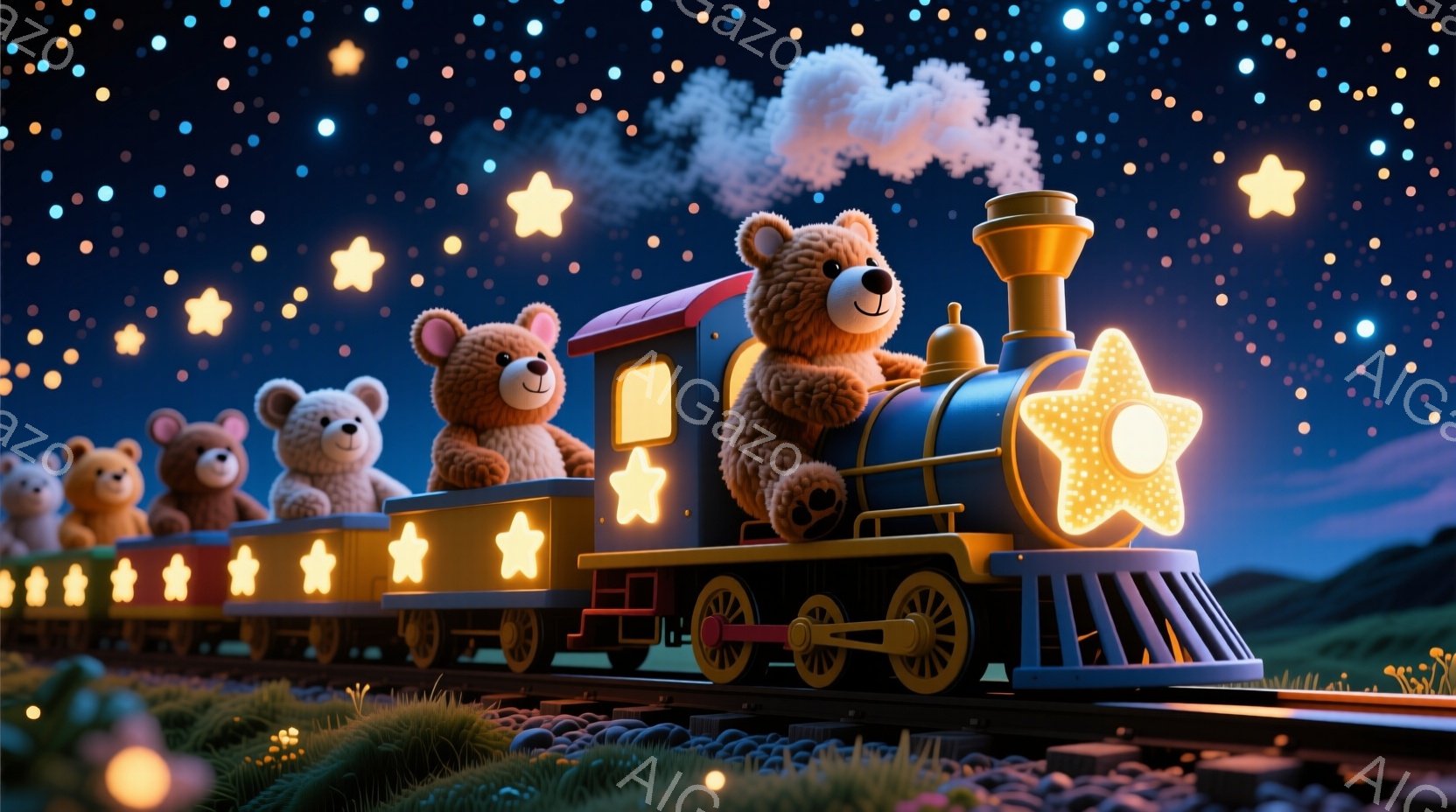 夜空を背景に、星が輝く線路上を走るクマの汽車が描かれています。クマたちはそれぞれ運転手や乗客として汽車に乗り、楽しそうにしています。背景には緑の丘が広がり、ファンタジックで温かい雰囲気が漂っています。