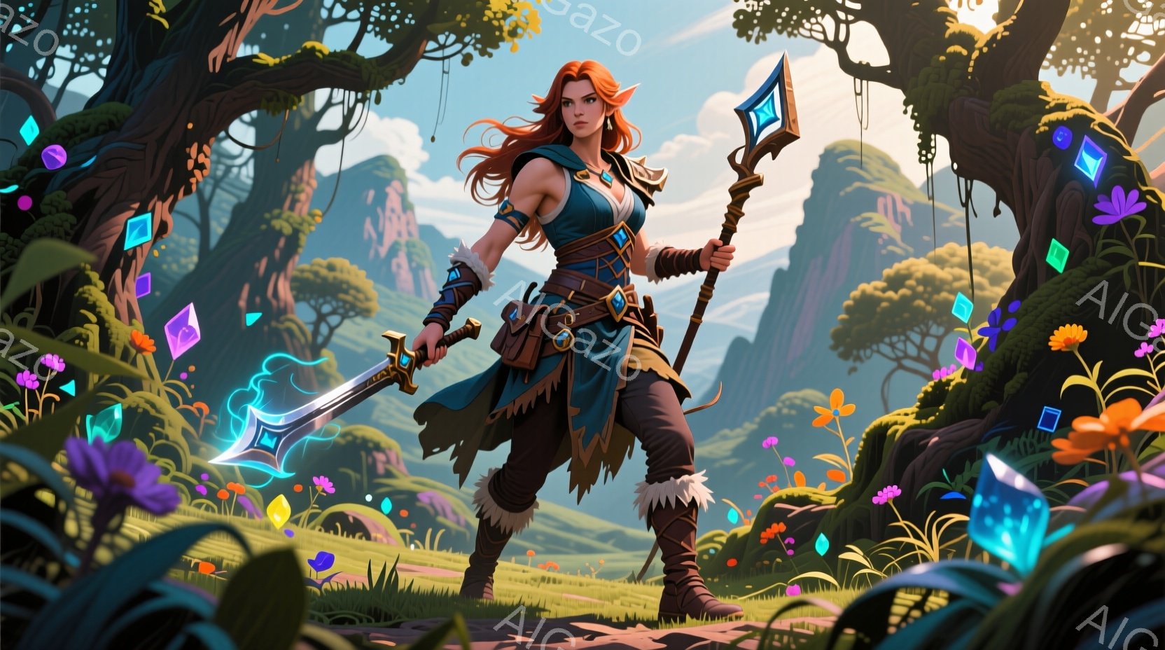赤毛の女性戦士が、光を放つ剣と装飾的な杖を持って立っている。彼女は茶色の革の鎧と緑色の布製の衣服を身に着け、足元はブーツで、険しい地形を歩いているように見える。背景には緑豊かな森、遠くの山々、そして空中に浮かぶ宝石のような光が広がり、神秘的で冒険心に満ちた雰囲気を作り出している。