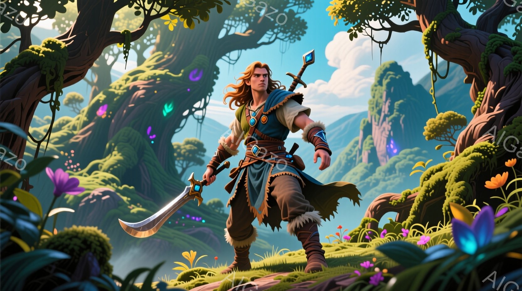 荒々しい金髪と整った顔立ちの男性が、茶色と緑の衣装を身に着け、大きな剣を構えています。彼は険しい地形の緑豊かな丘の上に立っており、背後にはそびえ立つ山々と、鮮やかな花々が咲き乱れる風景が広がっています。全体的に、冒険心と力強さを感じさせる、幻想的な雰囲気のイラストです。