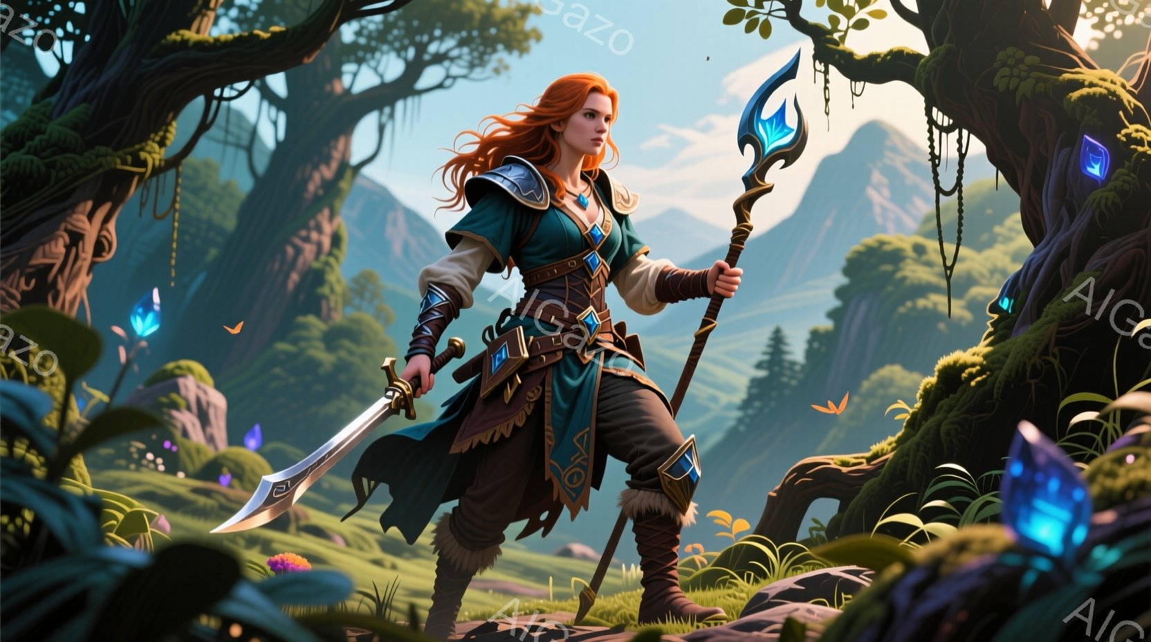 赤毛の女性が、緑豊かな草原を背景に、剣と杖を持って立っている。彼女は茶色の革製のベストと、青と茶色の模様が入ったスカート、そして膝丈のブーツを履いている。背景には、ねじれた樹木と紫色の光る蝶が舞い、全体的にファンタジーで神秘的な雰囲気が漂っている。