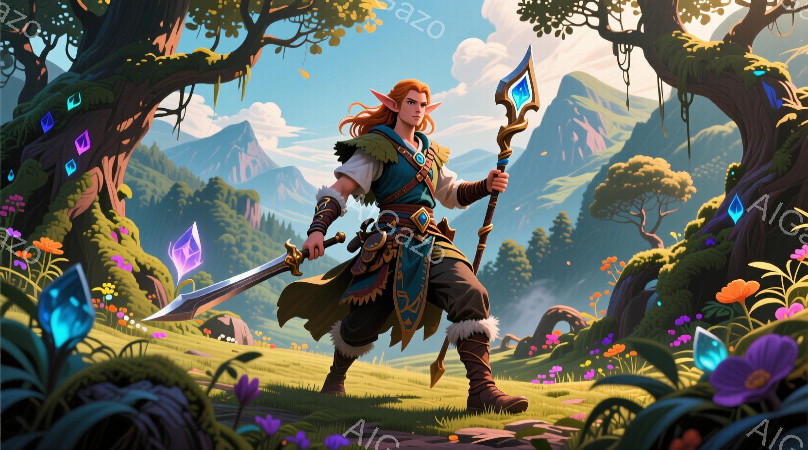 金髪碧眼の男性が、毛皮の縁取りが付いた緑と茶色の衣装を身につけ、腰には装飾的なベルトを締めています。彼は片手に光る剣を持ち、もう片手に宝石がはめ込まれた杖を持っており、決意に満ちた表情で正面を見据えています。背景には緑豊かな草原、色とりどりの花々、そして遠くに見える山々が広がり、幻想的で冒険心あふれる雰囲気を醸し出しています。