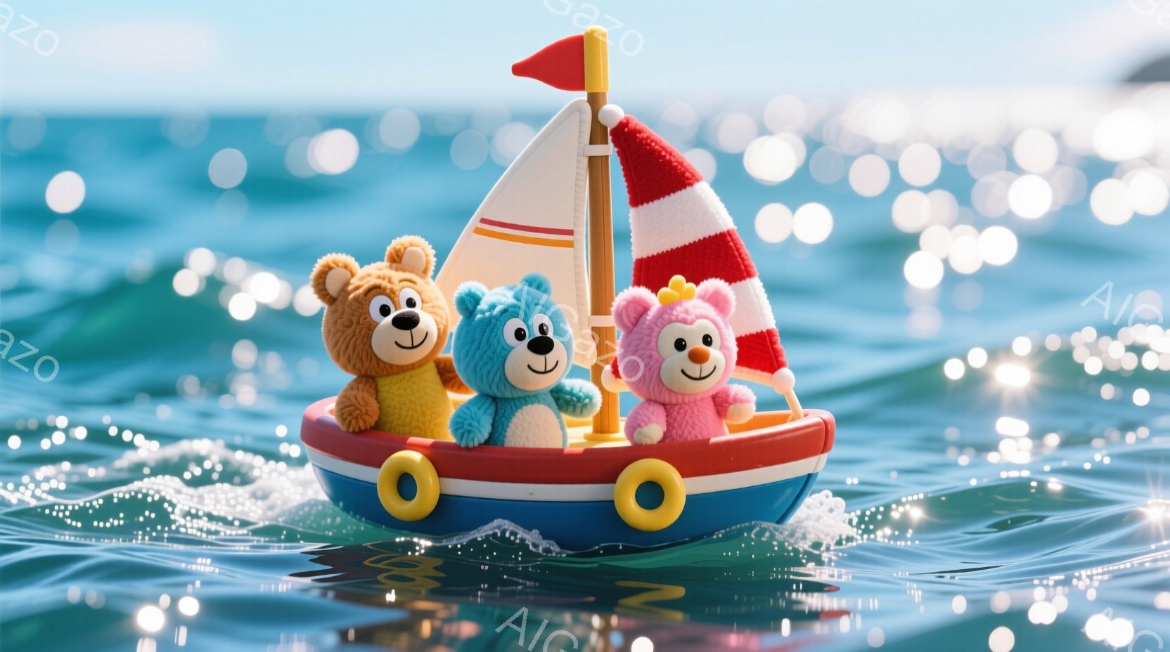鮮やかな赤いボートに乗った３匹のテディベアが、きらめく海の上を航行している。それぞれのクマは異なる色（黄色、水色、ピンク）で、可愛らしい笑顔を浮かべている。背景は太陽光が反射する水面で、穏やかで楽しい雰囲気を醸し出している。