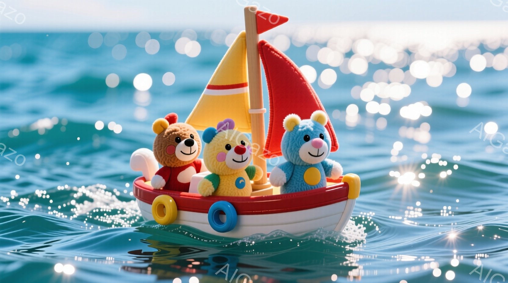 鮮やかな赤い船に、可愛らしいテディベアたちが三人乗っています。茶色、黄色、水色のベアは皆、笑顔で前方を向いており、楽しそうな様子が伝わってきます。背景はキラキラと輝く水面で、晴れた日の穏やかな海を連想させます。