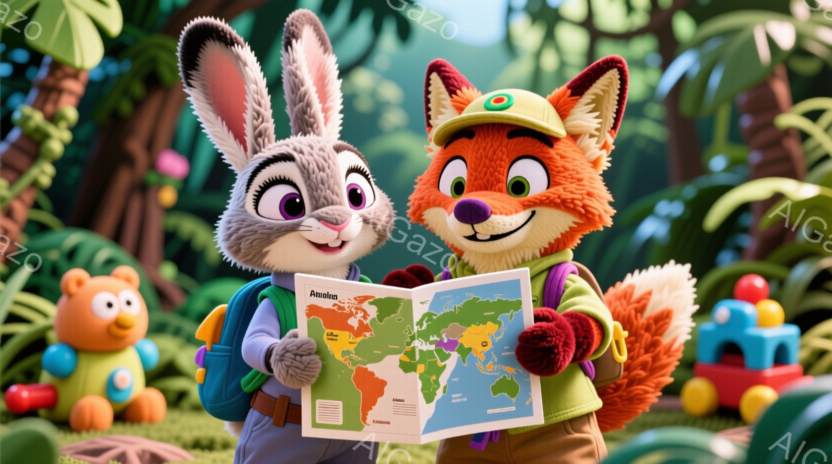 鮮やかな緑の背景に、ウサギとキツネのキャラクターが描かれています。ウサギはピンク色のベストとバックパックを身につけ、キツネは探検家風の帽子をかぶり、世界地図を広げています。二人は笑顔で地図を見つめ、周囲にはカラフルなおもちゃや緑豊かな植物が配置され、冒険心と楽しさを感じさせる雰囲気です。