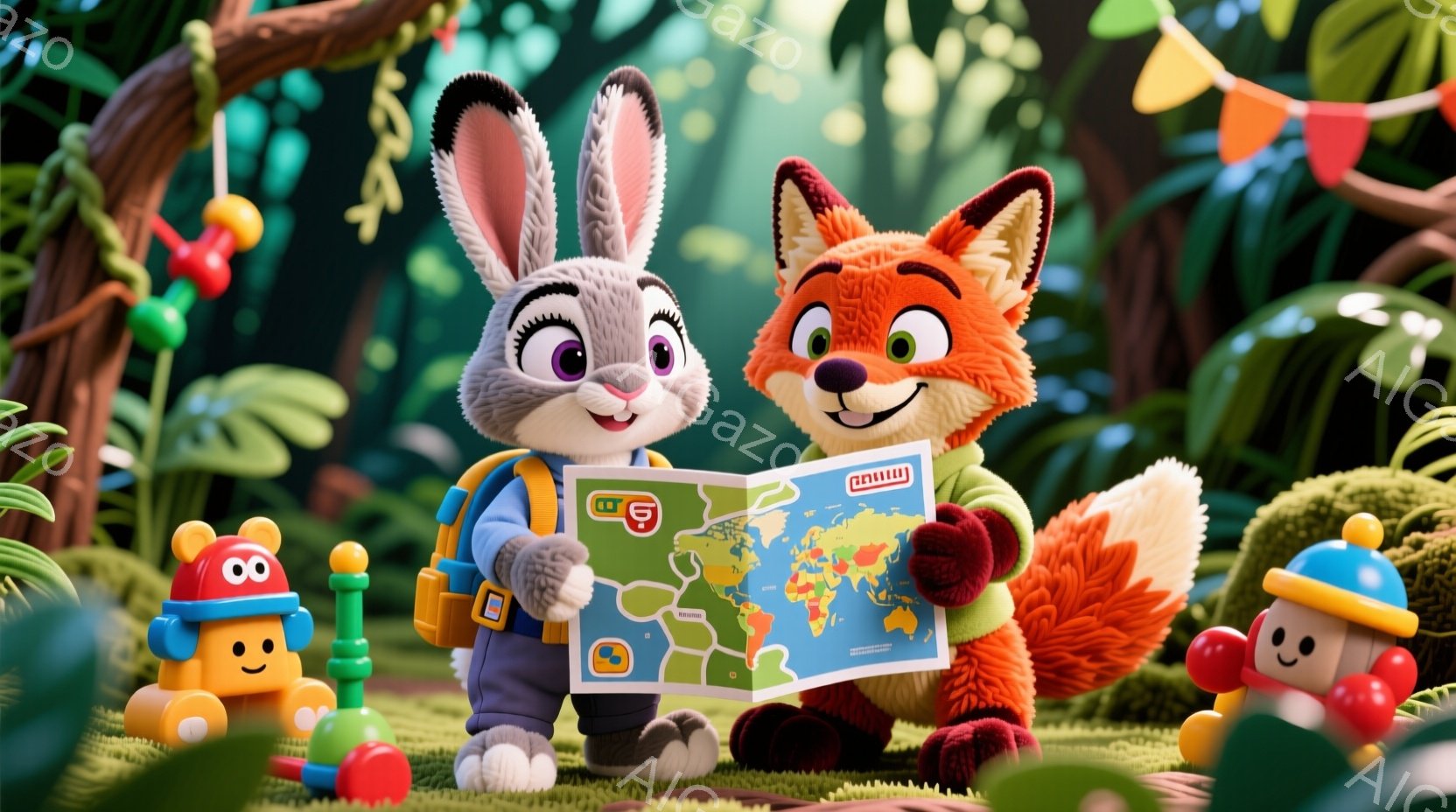 ウサギとキツネのキャラクターが地図を見ている様子が描かれています。ウサギは青いジャケットと短パン姿で、キツネは赤いジャケットを着ています。背景には、緑豊かな植物と、おもちゃのような形のキャラクターが配置されており、全体的に明るく楽しい雰囲気を醸し出しています。