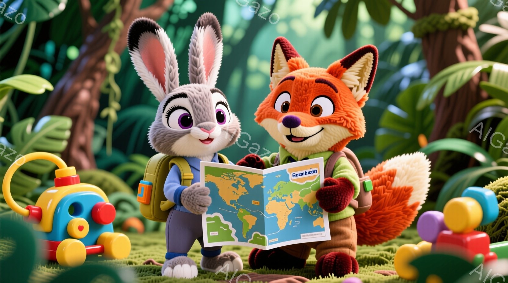 白いウサギと赤いキツネが並んで立っており、キツネは開いた世界地図を持っています。ウサギは青いオーバーオールと白いシャツを着ており、キツネは緑色のシャツを着ています。背景には緑豊かな植物やカラフルなおもちゃの車が散らばっており、全体的に明るく冒険心あふれる雰囲気が漂っています。