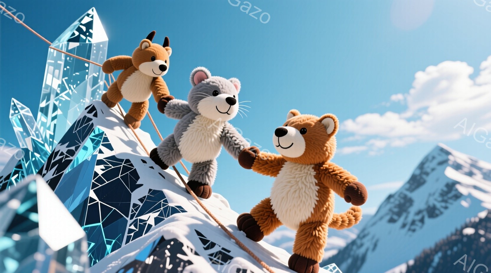 ぬいぐるみのアライグマ、クマ、キツネが雪山を登っている様子が描かれています。彼らはロープをつかみ、笑顔で互いに協力しながら、険しい山道を歩んでいます。背景には、氷山のような三角形の建造物と、青空が広がり、爽やかな冬の日の雰囲気が漂っています。
