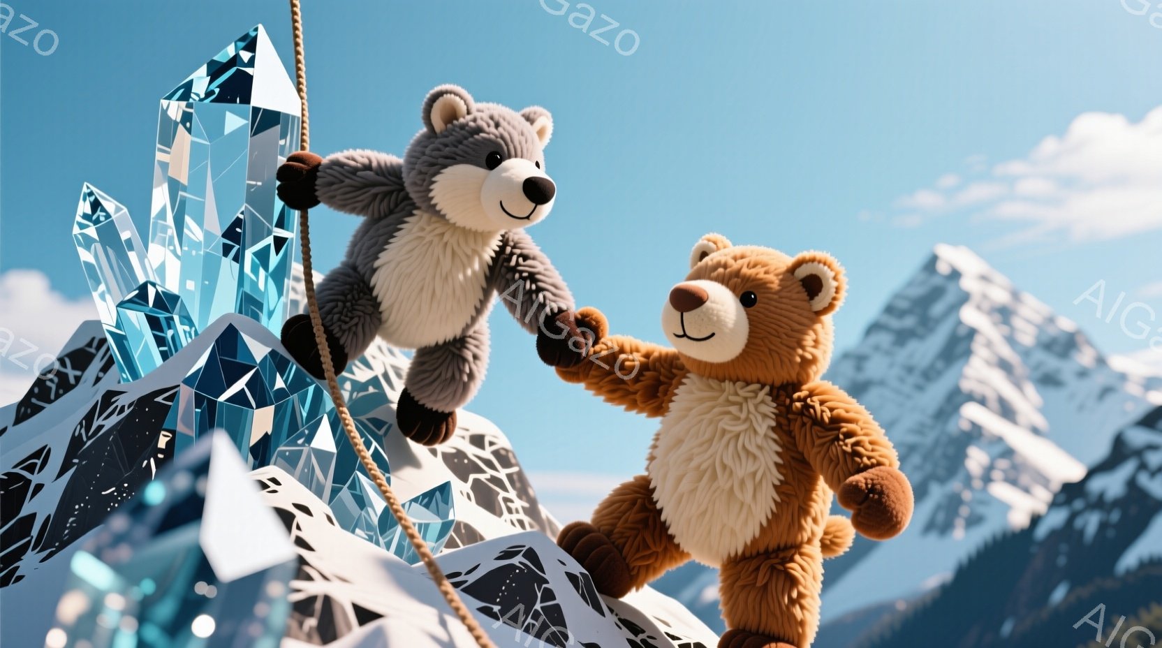 2匹のテディベアが、ロープにつかまりながら、ポリゴンの山々が広がる風景の中を登っています。灰色のクマは少し前に出て、茶色のクマは後ろからついて行っています。背景には青空と白い雪をかぶった山々が広がり、晴れた日のアウトドアアドベンチャーのような雰囲気が漂っています。