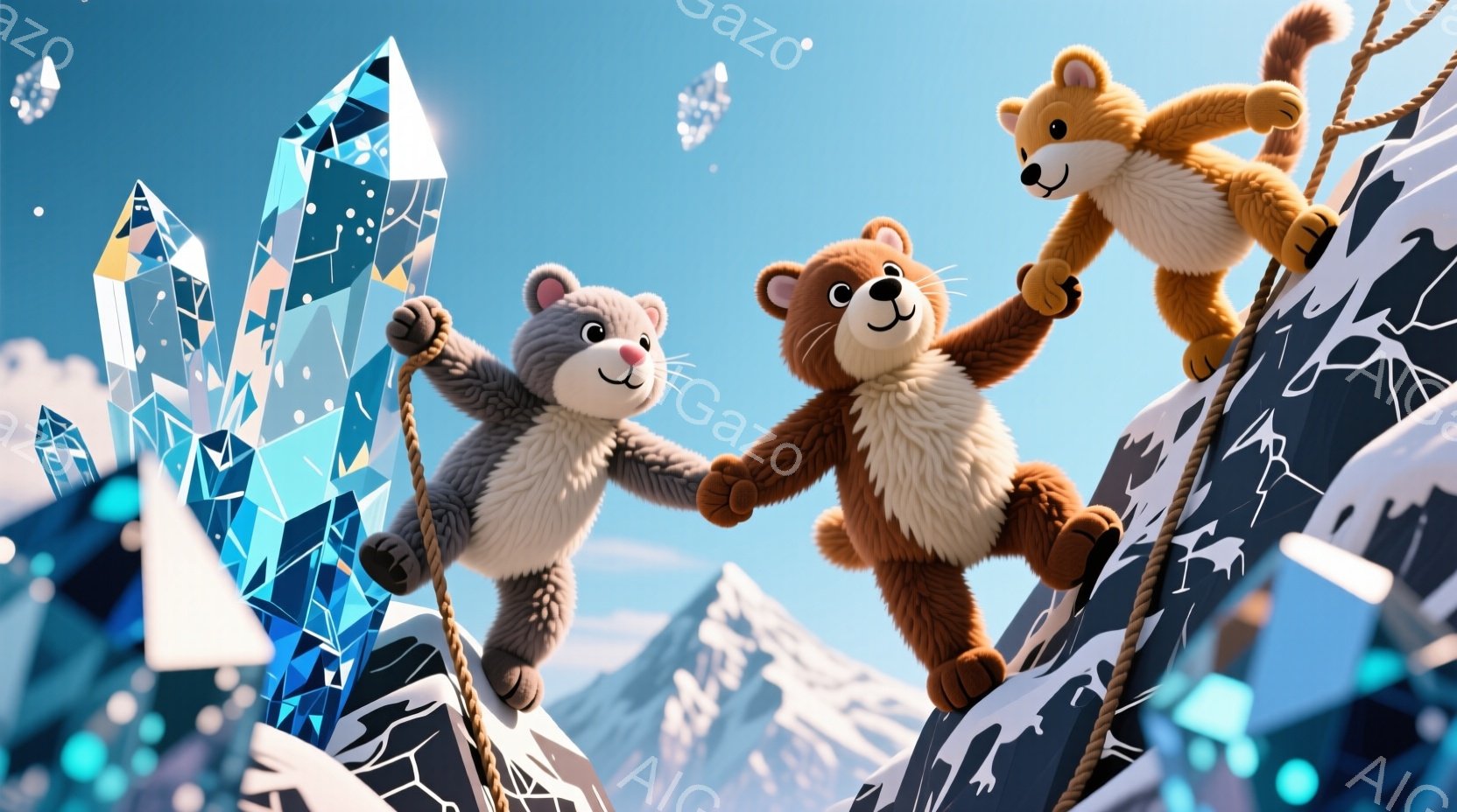 雪山をロープを使って登っている2匹のテディベアが描かれています。一匹は薄茶色、もう一匹は濃い茶色で、どちらも笑顔で互いに手をつないでいます。背景には、青い氷の結晶や遠くの雪山が見え、晴天の空が広がって - AI生成フリー素材