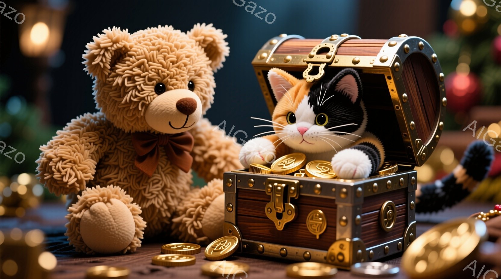 ふわふわのテディベアが、金色のリボンで飾られ、宝箱から顔を出した三毛猫の隣に座っています。宝箱は開いており、中には金貨が散らばっています。背景はぼやけたクリスマスツリーの飾りで、暖かくお祝いムードの漂う様子が伺えます。