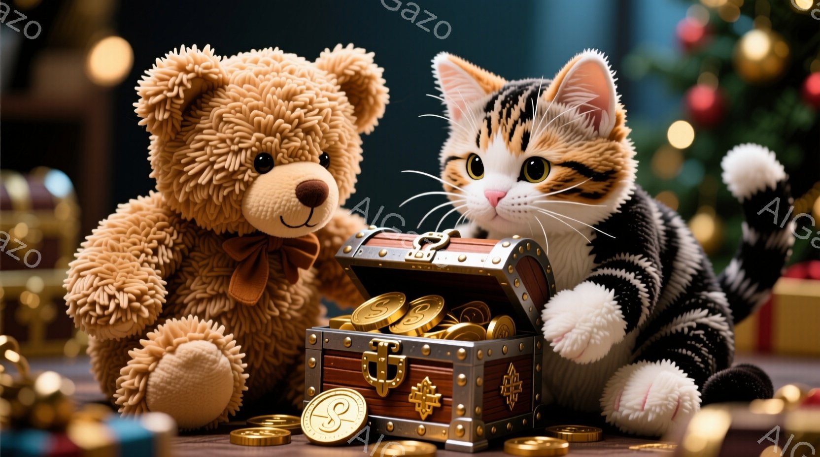 茶色のモフモフしたテディベアと縞模様の猫が宝箱の前に座っています。宝箱の中と周りには金色のコインが散らばっており、猫は少しいたずらっぽい表情で、テディベアは穏やかな表情で宝箱を見つめています。背景には - AI生成フリー素材