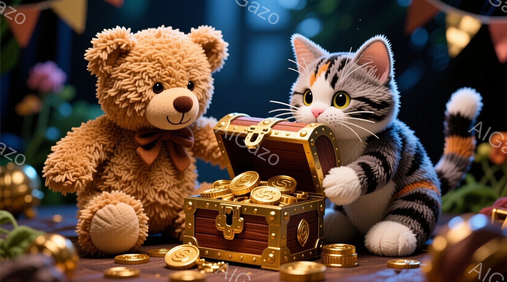 ぬいぐるみのような茶色の熊と縞模様の猫が、開いた宝箱の前に座っています。宝箱の中には金貨がぎっしり詰まっており、周囲にも金貨が散らばっています。背景にはぼやけた花や装飾がみえ、全体的に暖かくファンタジックな雰囲気です。
