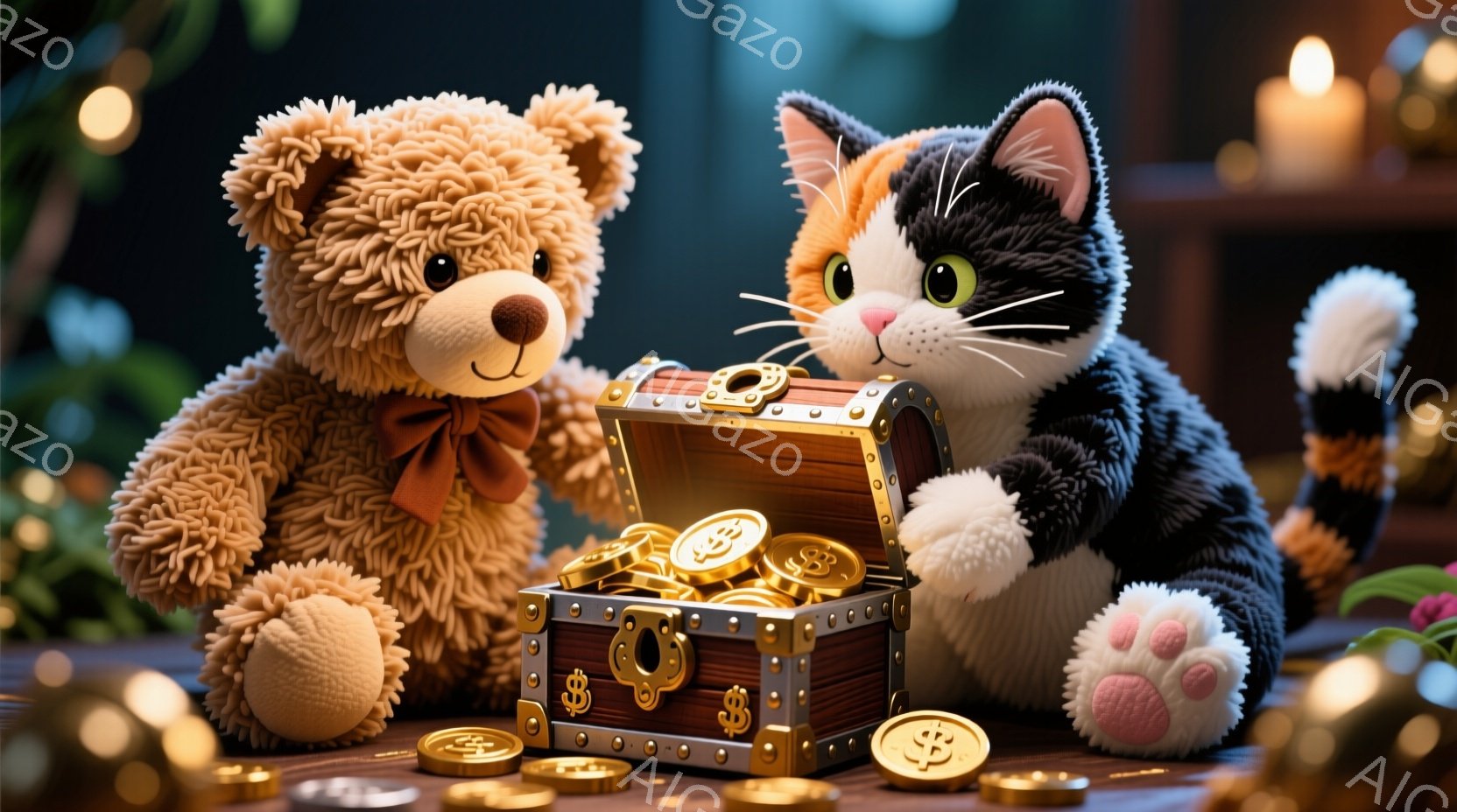 ふわふわのテディベアが茶色のリボンをつけ、金色のコインが詰まった宝箱の横に座っています。黒と茶色の縞模様の猫が宝箱を開けており、楽しそうな表情をしています。背景には、ぼやけた建物と、金色の光がちらつく薄暗い空間が広がっており、おとぎ話のような雰囲気が漂っています。